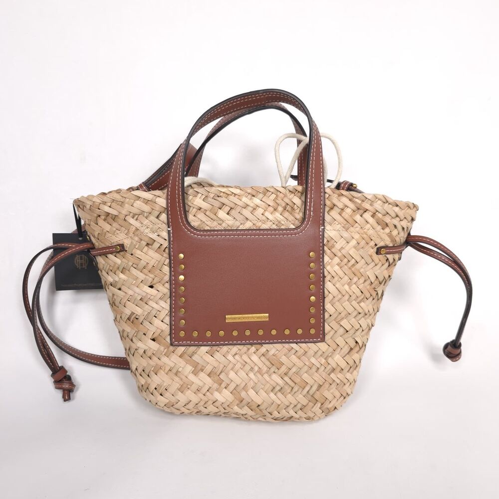 HOUSE OF HARLOW 1960 New Women's Straw Tote Bag Studded Faux Leather Trim